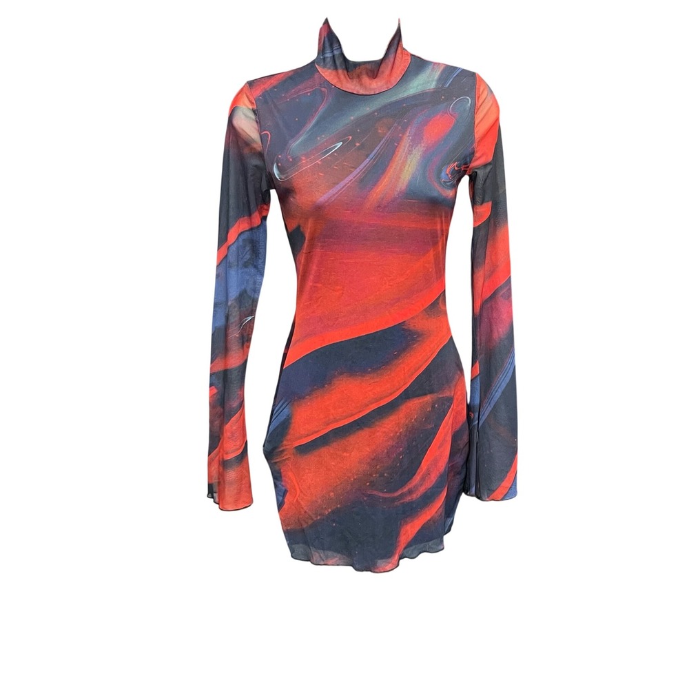 Edikted Womens Abstract Swirl Mesh Mock Neck Mini Dress Red‎ Blue Black Size S